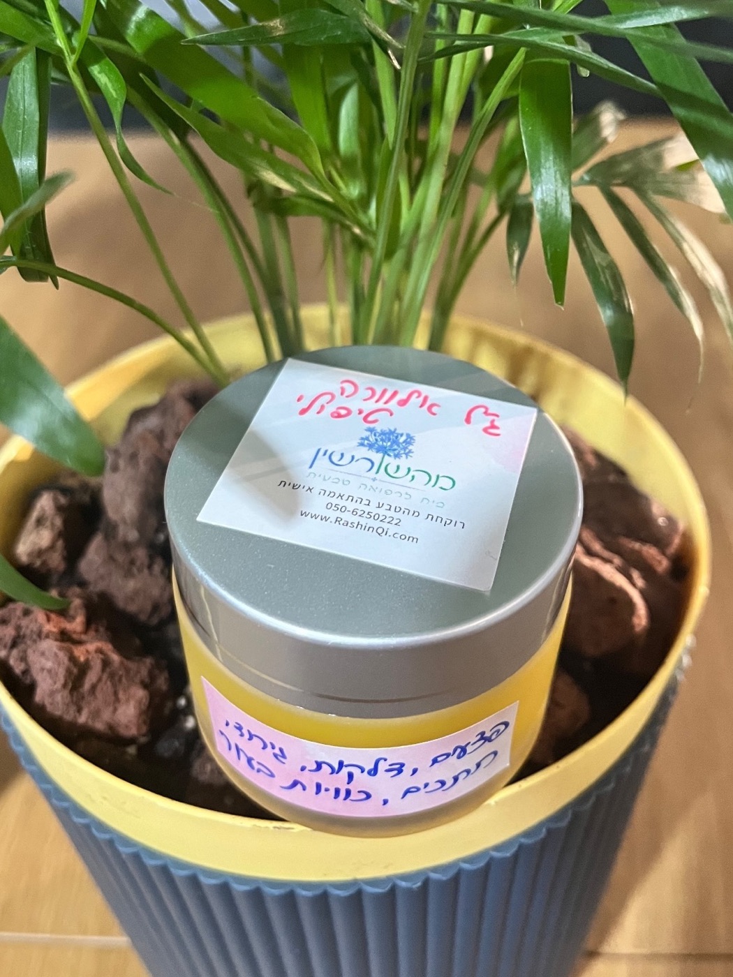 צנצנת ג׳ל אלוורה טיפולי עם תווית מהשורשין, מונחת בעציץ